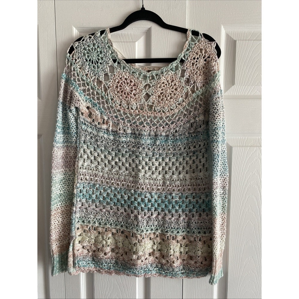 Free People Crochet Knit Sweater Womens Size S Pastel Boho Open Weave Pullover‎